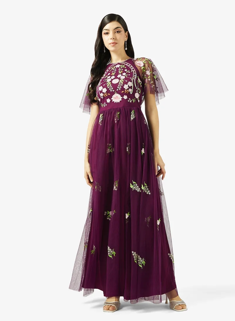 Frock And Frill  Embellished Mesh Short Sleeve Maxi Dress for Women | Best Price UAE